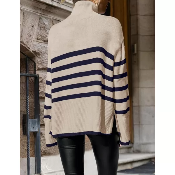 imageZESICA Womens 2024 Winter Sweaters Casual Turtleneck Long Sleeve Striped Side Slit Loose Pullover Sweater Jumper TopsNavy