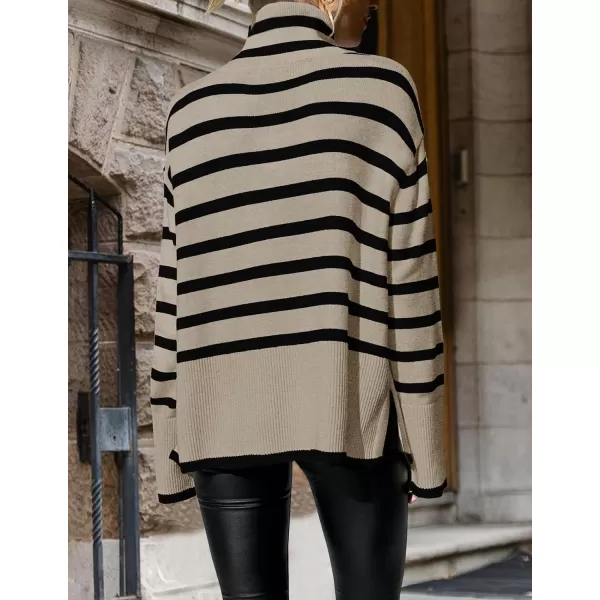imageZESICA Womens 2024 Winter Sweaters Casual Turtleneck Long Sleeve Striped Side Slit Loose Pullover Sweater Jumper TopsOats