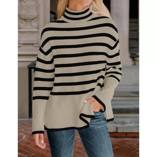 imageZESICA Womens 2024 Winter Sweaters Casual Turtleneck Long Sleeve Striped Side Slit Loose Pullover Sweater Jumper TopsOats