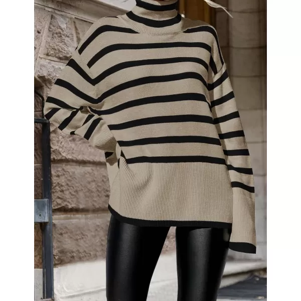 imageZESICA Womens 2024 Winter Sweaters Casual Turtleneck Long Sleeve Striped Side Slit Loose Pullover Sweater Jumper TopsOats