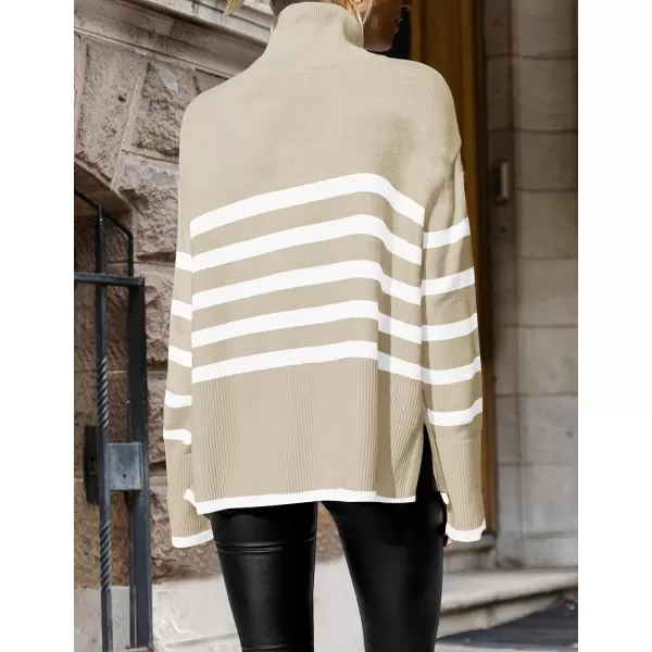 imageZESICA Womens 2024 Winter Sweaters Casual Turtleneck Long Sleeve Striped Side Slit Loose Pullover Sweater Jumper TopsSand