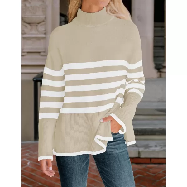 imageZESICA Womens 2024 Winter Sweaters Casual Turtleneck Long Sleeve Striped Side Slit Loose Pullover Sweater Jumper TopsSand