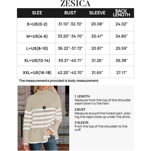 imageZESICA Womens 2024 Winter Sweaters Casual Turtleneck Long Sleeve Striped Side Slit Loose Pullover Sweater Jumper TopsSand