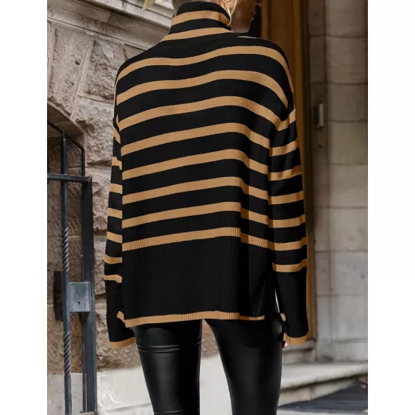 imageZESICA Womens 2024 Winter Sweaters Casual Turtleneck Long Sleeve Striped Side Slit Loose Pullover Sweater Jumper TopsTaupe