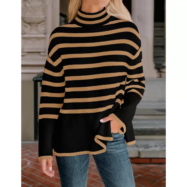 imageZESICA Womens 2024 Winter Sweaters Casual Turtleneck Long Sleeve Striped Side Slit Loose Pullover Sweater Jumper TopsTaupe