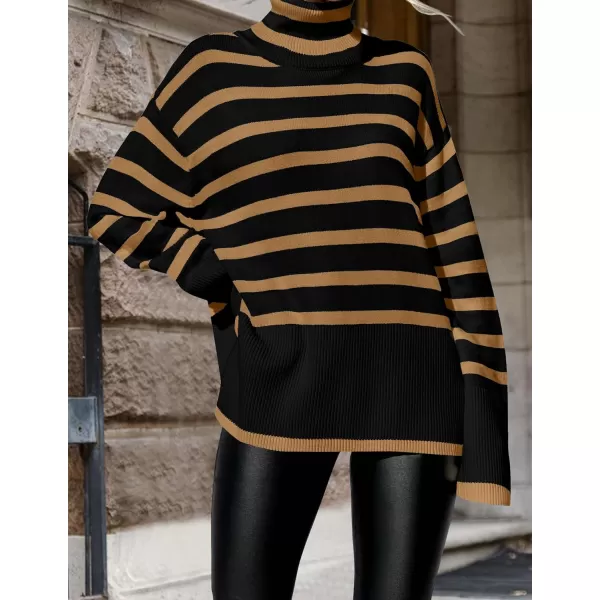 imageZESICA Womens 2024 Winter Sweaters Casual Turtleneck Long Sleeve Striped Side Slit Loose Pullover Sweater Jumper TopsTaupe