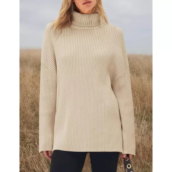 imageZESICA Womens 2024 Winter Sweaters High Neck Long Sleeve Chunky Knit Oversized Side Slit Pullover Sweater Jumper TopsApricot