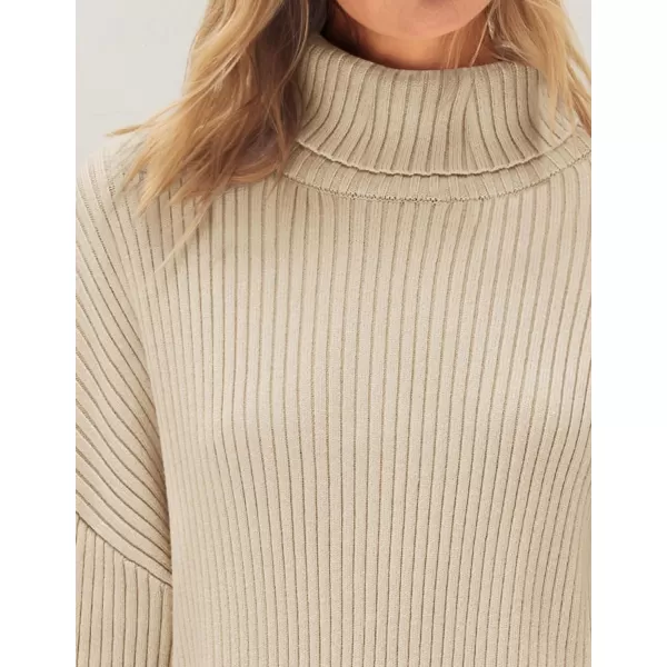 imageZESICA Womens 2024 Winter Sweaters High Neck Long Sleeve Chunky Knit Oversized Side Slit Pullover Sweater Jumper TopsApricot
