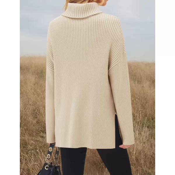 imageZESICA Womens 2024 Winter Sweaters High Neck Long Sleeve Chunky Knit Oversized Side Slit Pullover Sweater Jumper TopsApricot
