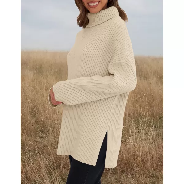 imageZESICA Womens 2024 Winter Sweaters High Neck Long Sleeve Chunky Knit Oversized Side Slit Pullover Sweater Jumper TopsApricot