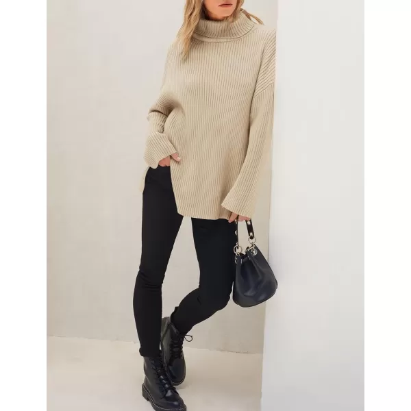 imageZESICA Womens 2024 Winter Sweaters High Neck Long Sleeve Chunky Knit Oversized Side Slit Pullover Sweater Jumper TopsApricot