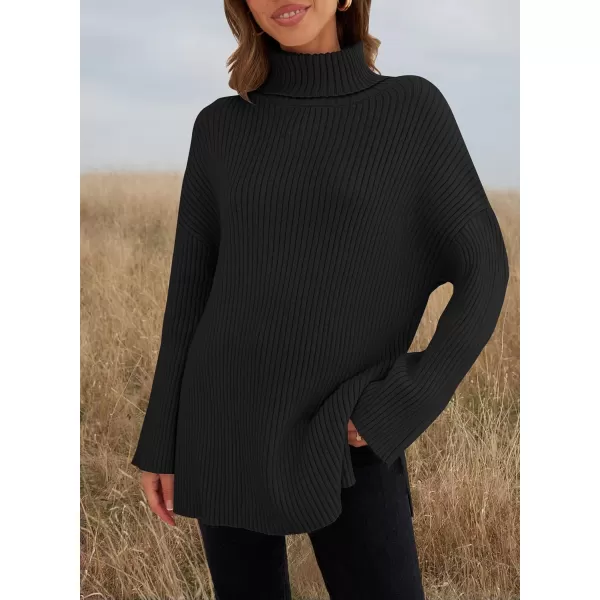 imageZESICA Womens 2024 Winter Sweaters High Neck Long Sleeve Chunky Knit Oversized Side Slit Pullover Sweater Jumper TopsBlack