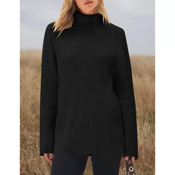 imageZESICA Womens 2024 Winter Sweaters High Neck Long Sleeve Chunky Knit Oversized Side Slit Pullover Sweater Jumper TopsBlack