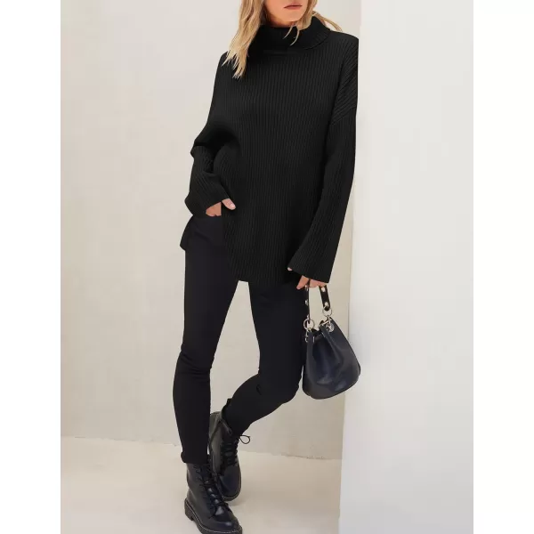imageZESICA Womens 2024 Winter Sweaters High Neck Long Sleeve Chunky Knit Oversized Side Slit Pullover Sweater Jumper TopsBlack