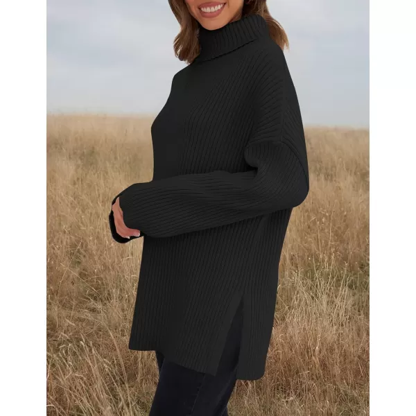 imageZESICA Womens 2024 Winter Sweaters High Neck Long Sleeve Chunky Knit Oversized Side Slit Pullover Sweater Jumper TopsBlack