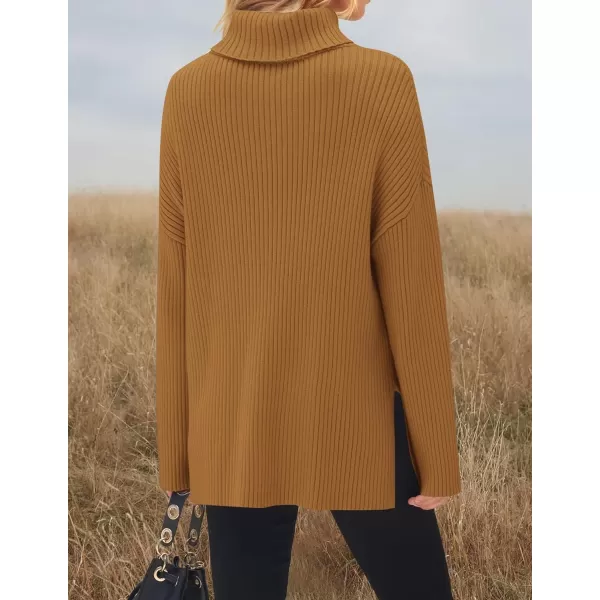 imageZESICA Womens 2024 Winter Sweaters High Neck Long Sleeve Chunky Knit Oversized Side Slit Pullover Sweater Jumper TopsCamel