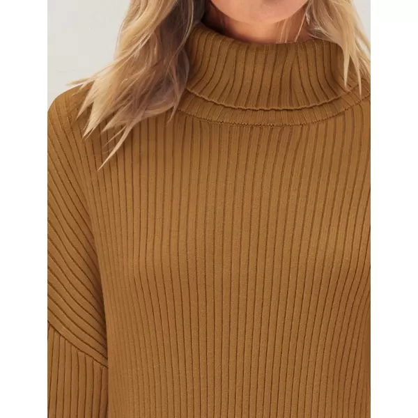 imageZESICA Womens 2024 Winter Sweaters High Neck Long Sleeve Chunky Knit Oversized Side Slit Pullover Sweater Jumper TopsCamel