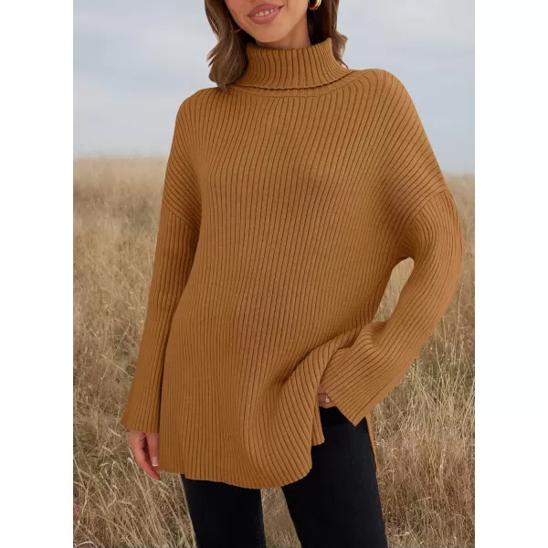 imageZESICA Womens 2024 Winter Sweaters High Neck Long Sleeve Chunky Knit Oversized Side Slit Pullover Sweater Jumper TopsCamel