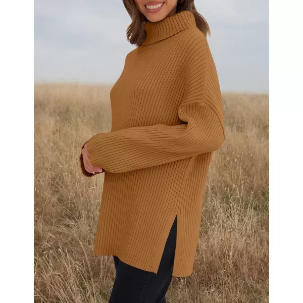 imageZESICA Womens 2024 Winter Sweaters High Neck Long Sleeve Chunky Knit Oversized Side Slit Pullover Sweater Jumper TopsCamel