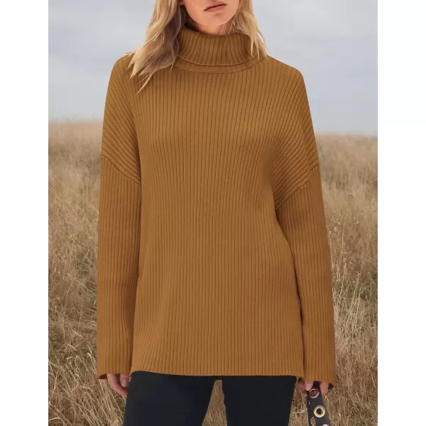 imageZESICA Womens 2024 Winter Sweaters High Neck Long Sleeve Chunky Knit Oversized Side Slit Pullover Sweater Jumper TopsCamel