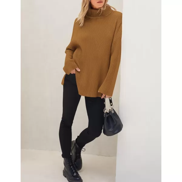imageZESICA Womens 2024 Winter Sweaters High Neck Long Sleeve Chunky Knit Oversized Side Slit Pullover Sweater Jumper TopsCamel