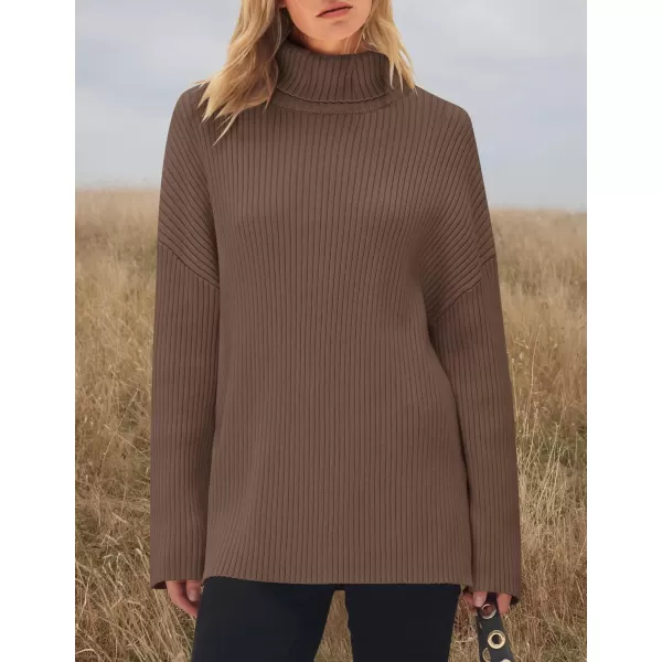 imageZESICA Womens 2024 Winter Sweaters High Neck Long Sleeve Chunky Knit Oversized Side Slit Pullover Sweater Jumper TopsCoffee