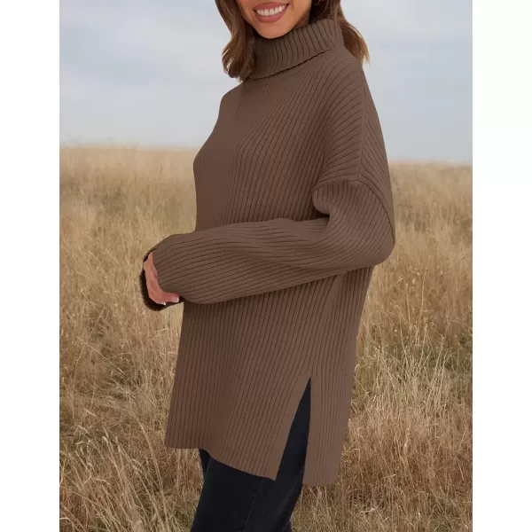 imageZESICA Womens 2024 Winter Sweaters High Neck Long Sleeve Chunky Knit Oversized Side Slit Pullover Sweater Jumper TopsCoffee