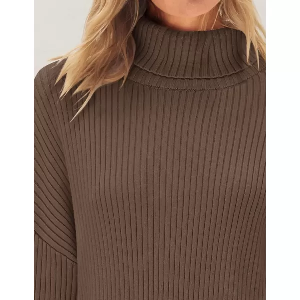 imageZESICA Womens 2024 Winter Sweaters High Neck Long Sleeve Chunky Knit Oversized Side Slit Pullover Sweater Jumper TopsCoffee