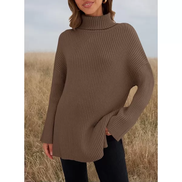 imageZESICA Womens 2024 Winter Sweaters High Neck Long Sleeve Chunky Knit Oversized Side Slit Pullover Sweater Jumper TopsCoffee