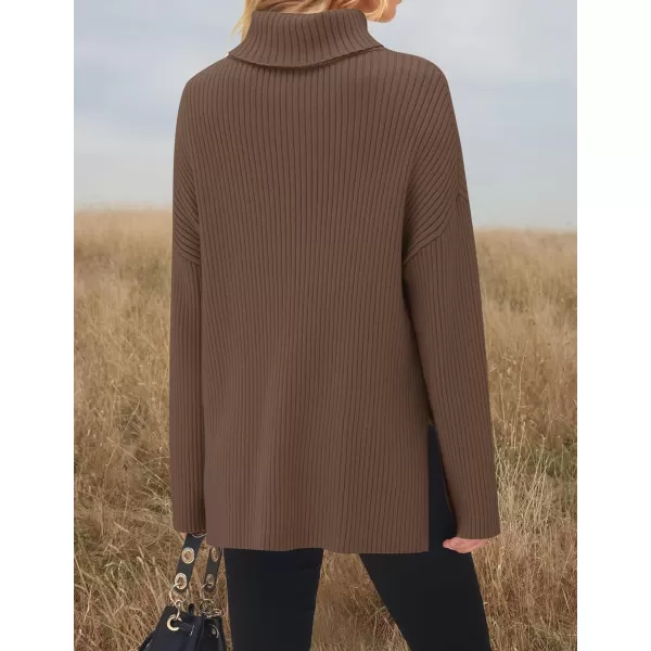 imageZESICA Womens 2024 Winter Sweaters High Neck Long Sleeve Chunky Knit Oversized Side Slit Pullover Sweater Jumper TopsCoffee