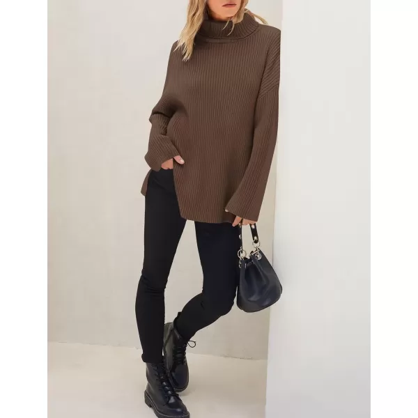 imageZESICA Womens 2024 Winter Sweaters High Neck Long Sleeve Chunky Knit Oversized Side Slit Pullover Sweater Jumper TopsCoffee
