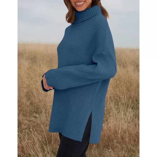 imageZESICA Womens 2024 Winter Sweaters High Neck Long Sleeve Chunky Knit Oversized Side Slit Pullover Sweater Jumper TopsDarkblue