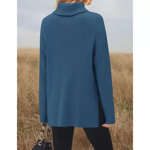 imageZESICA Womens 2024 Winter Sweaters High Neck Long Sleeve Chunky Knit Oversized Side Slit Pullover Sweater Jumper TopsDarkblue