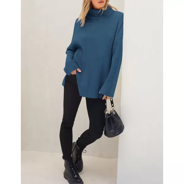 imageZESICA Womens 2024 Winter Sweaters High Neck Long Sleeve Chunky Knit Oversized Side Slit Pullover Sweater Jumper TopsDarkblue