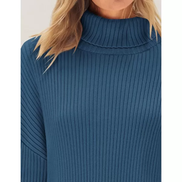 imageZESICA Womens 2024 Winter Sweaters High Neck Long Sleeve Chunky Knit Oversized Side Slit Pullover Sweater Jumper TopsDarkblue