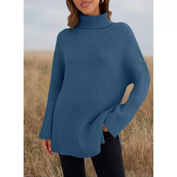 imageZESICA Womens 2024 Winter Sweaters High Neck Long Sleeve Chunky Knit Oversized Side Slit Pullover Sweater Jumper TopsDarkblue