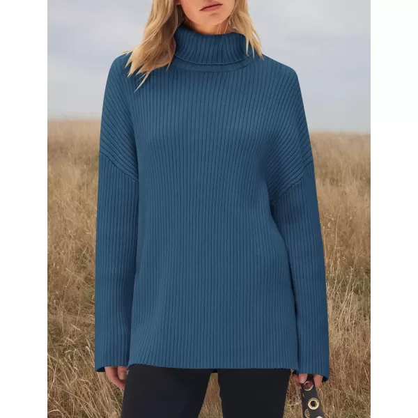 imageZESICA Womens 2024 Winter Sweaters High Neck Long Sleeve Chunky Knit Oversized Side Slit Pullover Sweater Jumper TopsDarkblue
