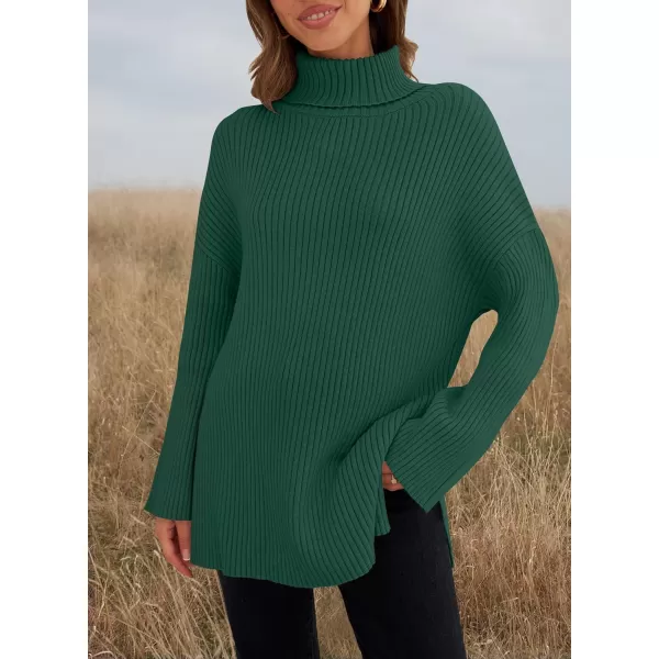imageZESICA Womens 2024 Winter Sweaters High Neck Long Sleeve Chunky Knit Oversized Side Slit Pullover Sweater Jumper TopsDarkgreen