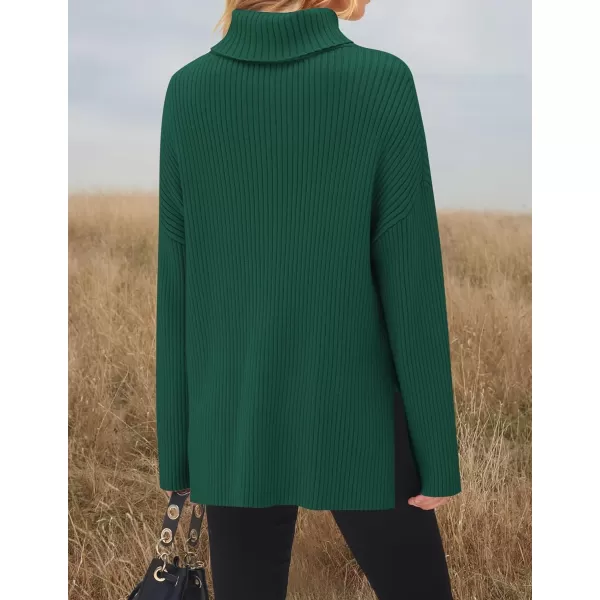 imageZESICA Womens 2024 Winter Sweaters High Neck Long Sleeve Chunky Knit Oversized Side Slit Pullover Sweater Jumper TopsDarkgreen
