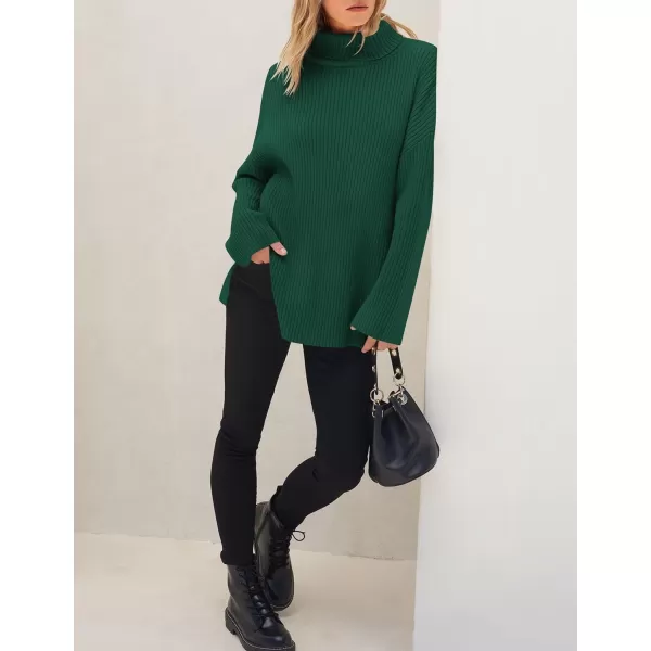 imageZESICA Womens 2024 Winter Sweaters High Neck Long Sleeve Chunky Knit Oversized Side Slit Pullover Sweater Jumper TopsDarkgreen