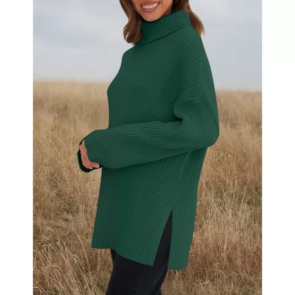imageZESICA Womens 2024 Winter Sweaters High Neck Long Sleeve Chunky Knit Oversized Side Slit Pullover Sweater Jumper TopsDarkgreen