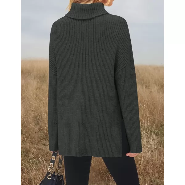 imageZESICA Womens 2024 Winter Sweaters High Neck Long Sleeve Chunky Knit Oversized Side Slit Pullover Sweater Jumper TopsDarkgrey