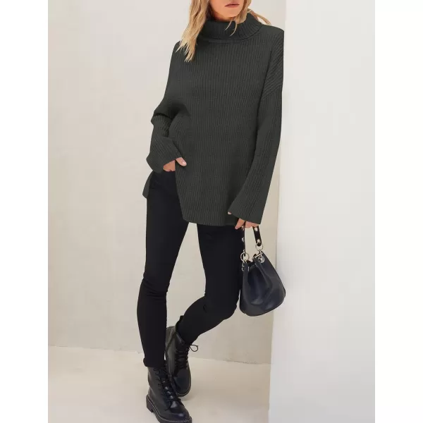 imageZESICA Womens 2024 Winter Sweaters High Neck Long Sleeve Chunky Knit Oversized Side Slit Pullover Sweater Jumper TopsDarkgrey