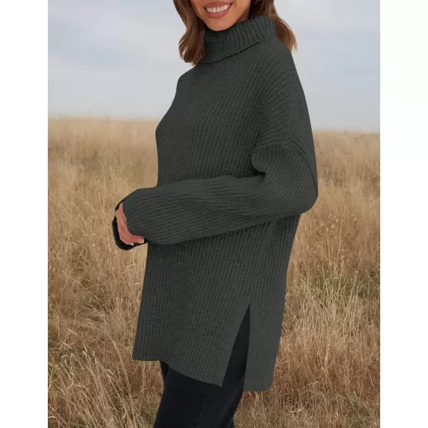imageZESICA Womens 2024 Winter Sweaters High Neck Long Sleeve Chunky Knit Oversized Side Slit Pullover Sweater Jumper TopsDarkgrey