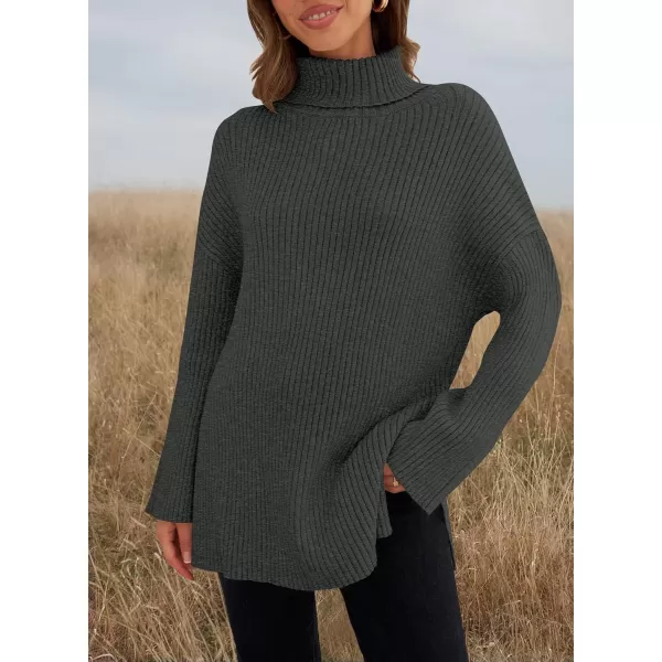 imageZESICA Womens 2024 Winter Sweaters High Neck Long Sleeve Chunky Knit Oversized Side Slit Pullover Sweater Jumper TopsDarkgrey