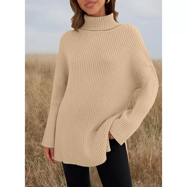 imageZESICA Womens 2024 Winter Sweaters High Neck Long Sleeve Chunky Knit Oversized Side Slit Pullover Sweater Jumper TopsKhaki