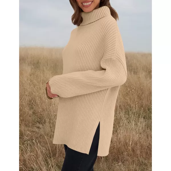 imageZESICA Womens 2024 Winter Sweaters High Neck Long Sleeve Chunky Knit Oversized Side Slit Pullover Sweater Jumper TopsKhaki