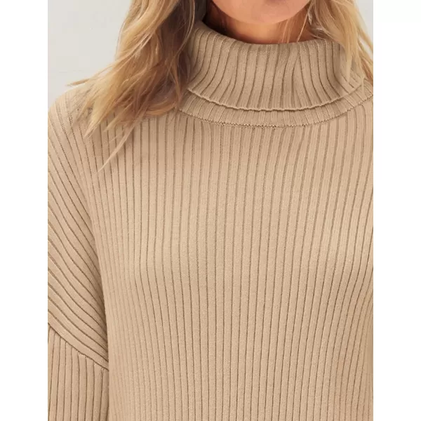 imageZESICA Womens 2024 Winter Sweaters High Neck Long Sleeve Chunky Knit Oversized Side Slit Pullover Sweater Jumper TopsKhaki