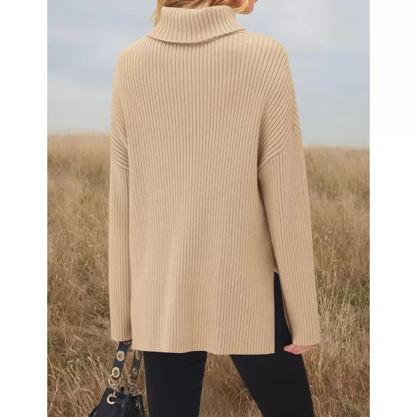 imageZESICA Womens 2024 Winter Sweaters High Neck Long Sleeve Chunky Knit Oversized Side Slit Pullover Sweater Jumper TopsKhaki