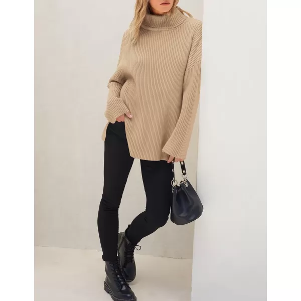 imageZESICA Womens 2024 Winter Sweaters High Neck Long Sleeve Chunky Knit Oversized Side Slit Pullover Sweater Jumper TopsKhaki